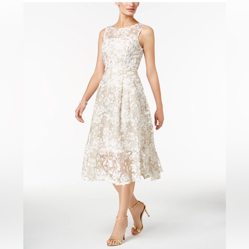 Adrianna Papell Floral-Embroidered Illusion Dress in Cream and Gold